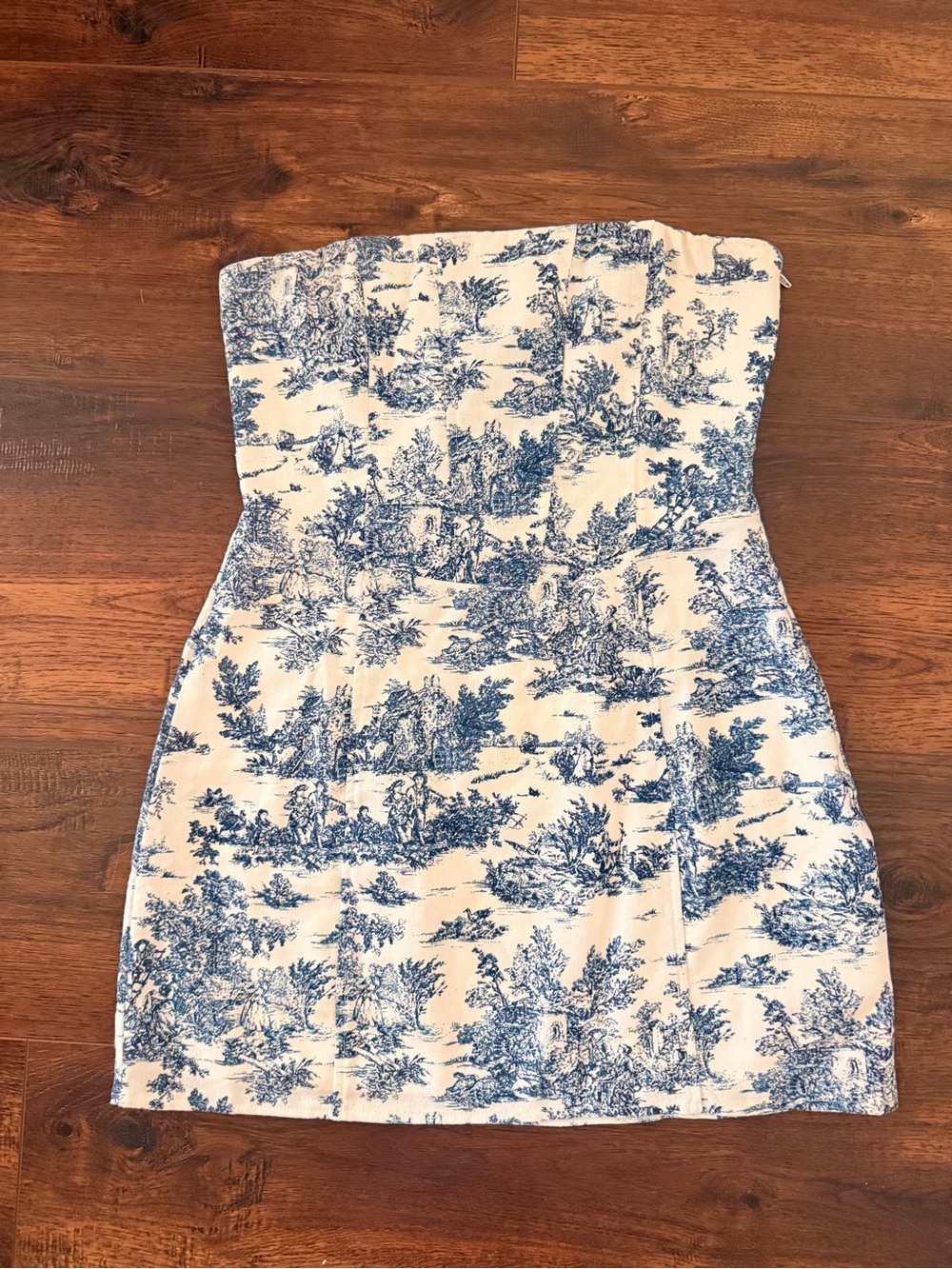 Strapless Blue and White Toile Print Dress